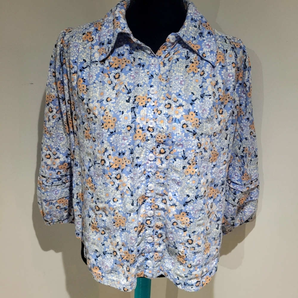 Free People Womens Happy Days Floral Buttoned Blouse Small Blue Boho Cottagecore